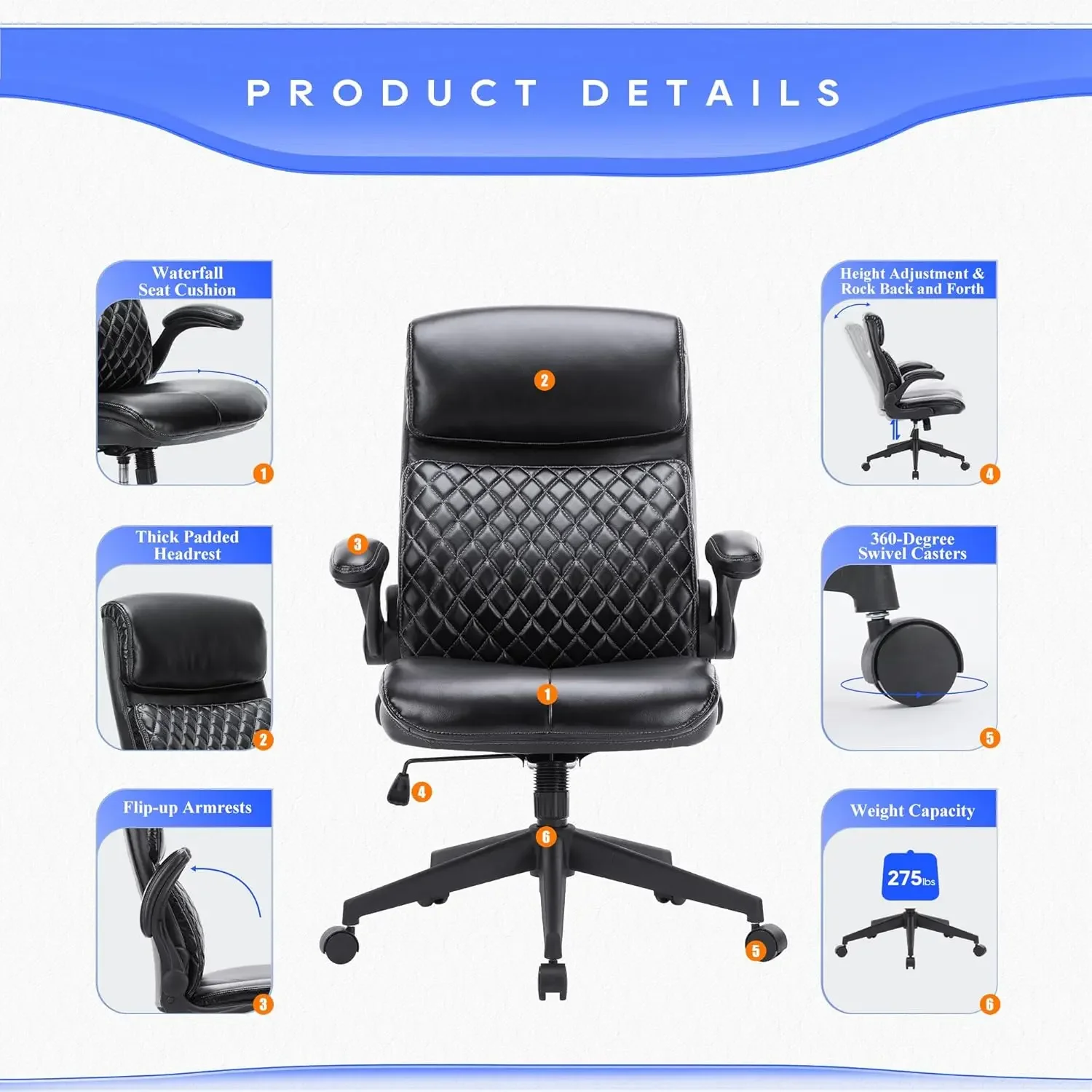 COLAMY Home Office Chair 275LBS Executive Leather Office Chair z wyściełanymi podnoszonymi ramionami, regulowaną wysokością i blokadą pochylenia, czarny