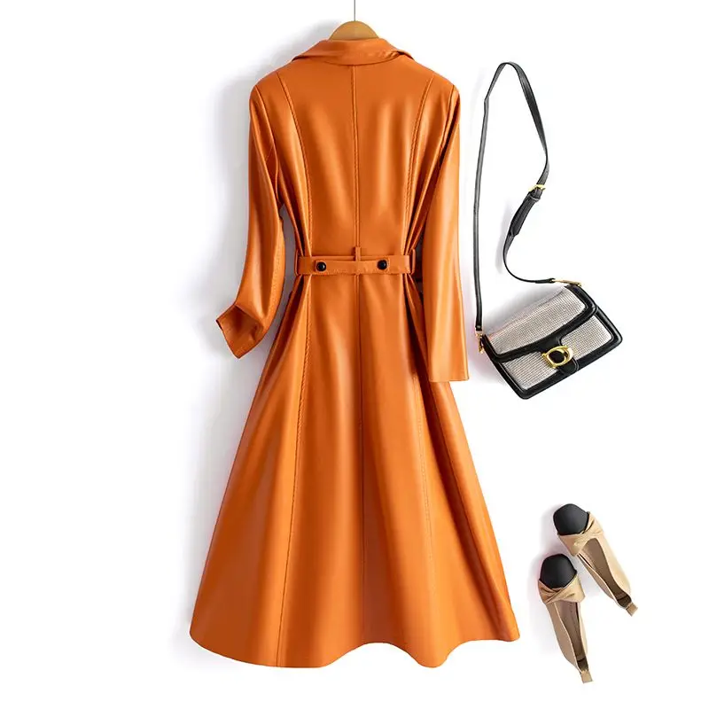 Slim Fit Stand Collar Leather Jaet Women's Sle Spring New Korean Version Long Coat Tee Button PU Material