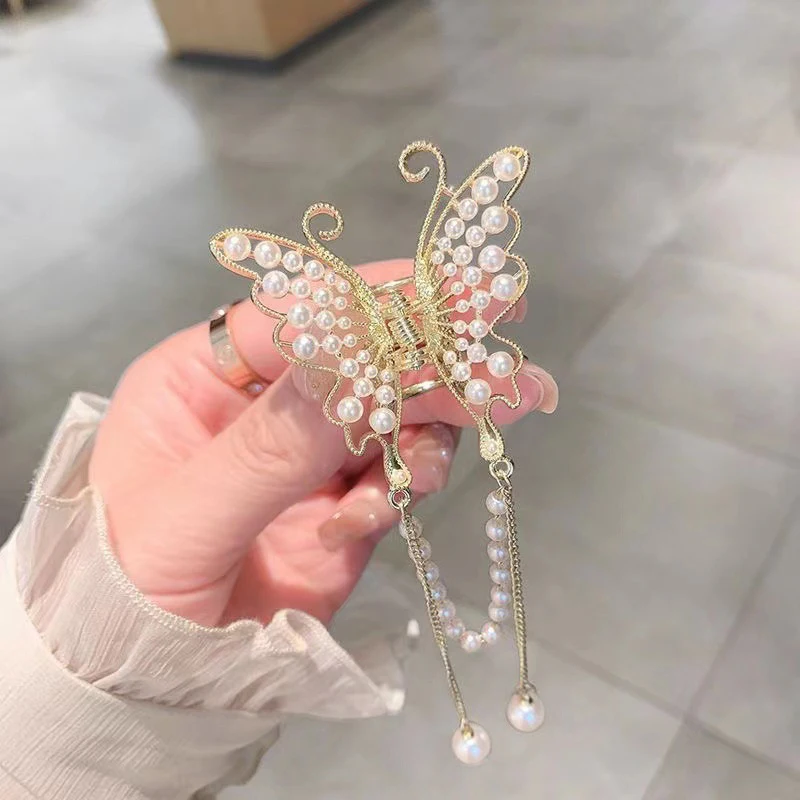 Pinza para el pelo con borla de mariposa de diamantes de imitación exquisitos, cola de caballo de estilo coreano, Perla trenzada, Clip para el cabello para mujeres y niñas, tocado de Metal