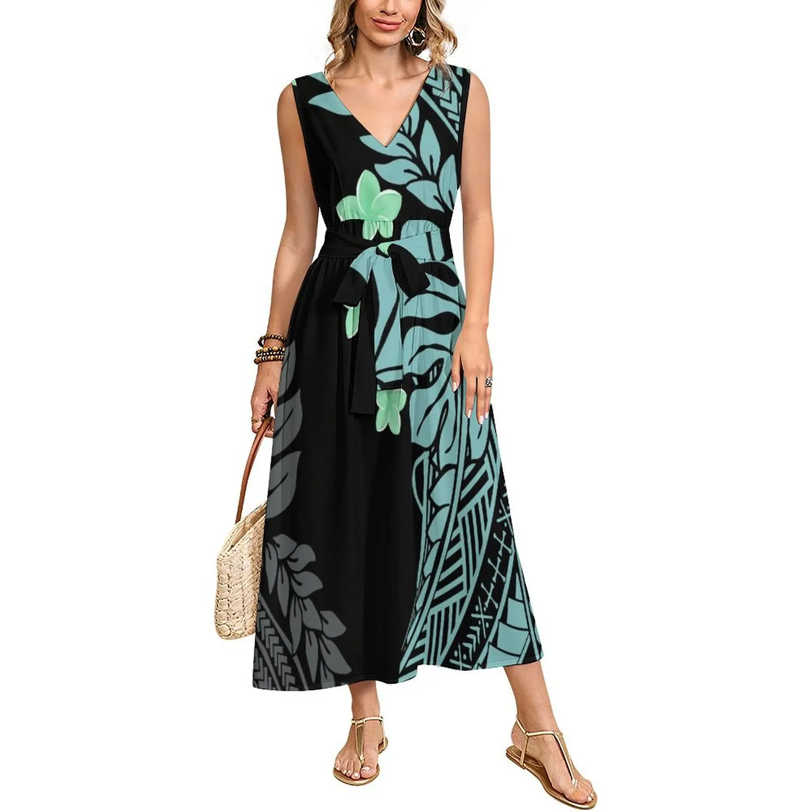 Summer Loose V-Neck Vest Sleeveless Long Cinched Waist Lace-Up Women'S Dress Custom-Made Soft Fabric From Polynesia
