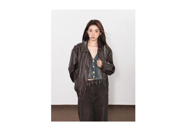 Lautaro Spring Autumn Cool Handsome Soft Vintage Distressed Brown Pu Leather Jacket Women Long Sleeve Luxury Designer Clothing