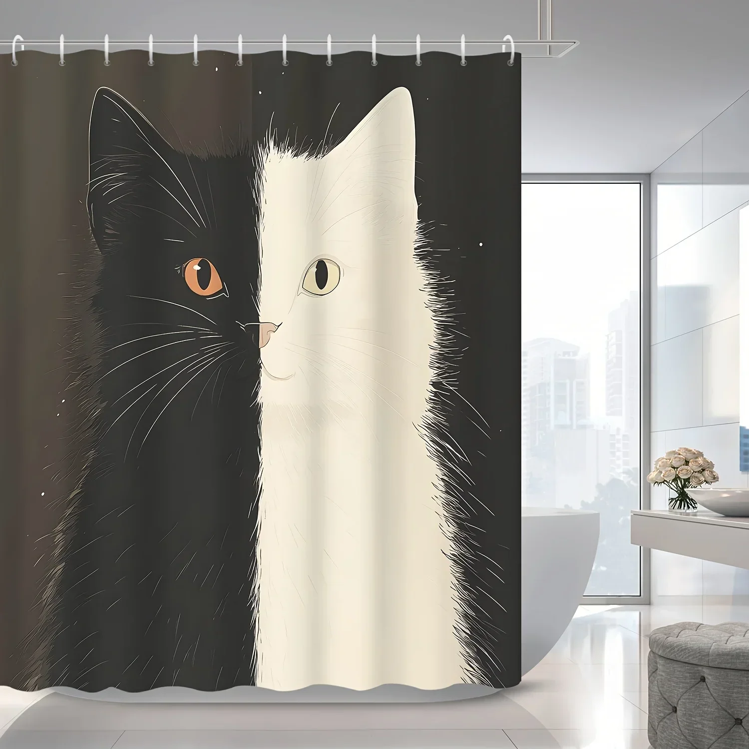 1pc Creative Art Black And White Splicing Pet Cat Shower Curtain Partition Curtain, Decorative Printed Shower Curtain, 180x200cm