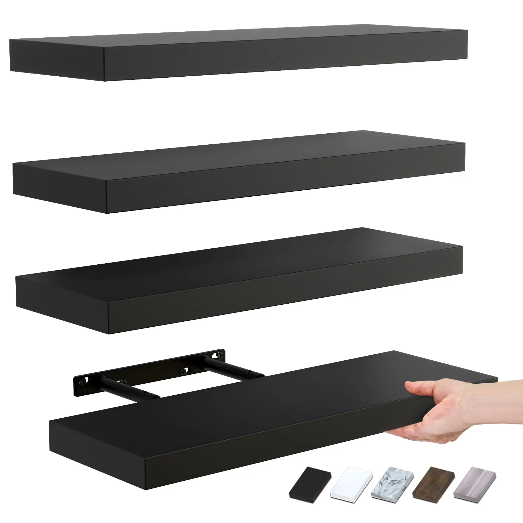 Bowillon White Floating Shelves for Wall Decor, Wall Mounted Shelves for Bedroom, Living Room, Kitchen, Bathroom Shelves Black