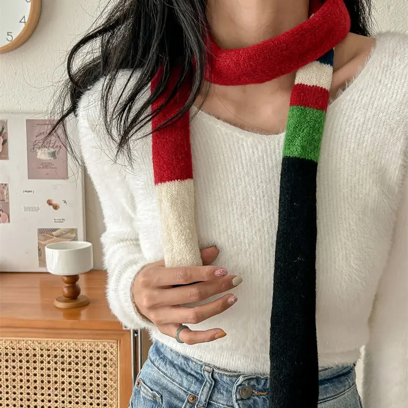 New Niche Design Stripe Colorful Thin Narrow Strip Wool Blend Scarf Female Korean Version Ins Style Chic Knit Wool Scarf Women