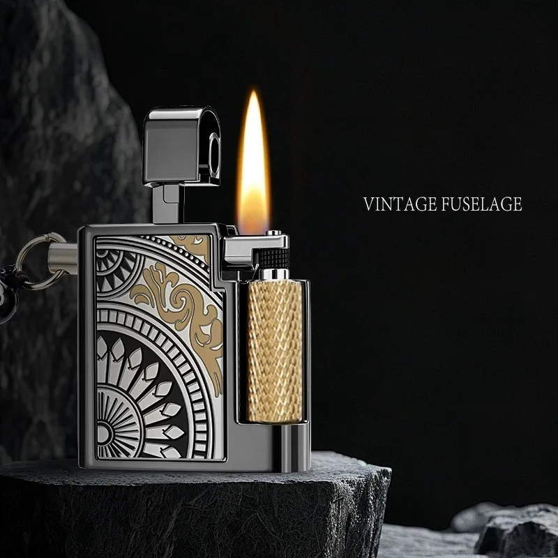 

New Metal Square Vintage Retro Lighter Antique Side-Sliding Flint Wheel Oil Lighter for Men's Retro Collectible Gifts Smoking