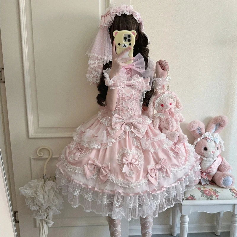 الأصلي الحلو الفتيات Y2k لوليتا فستان حفلة عيد ميلاد JSK الأميرة نمط فستان المرأة سليم صالح القوس الدانتيل فستان بكتافة عيد الميلاد #4