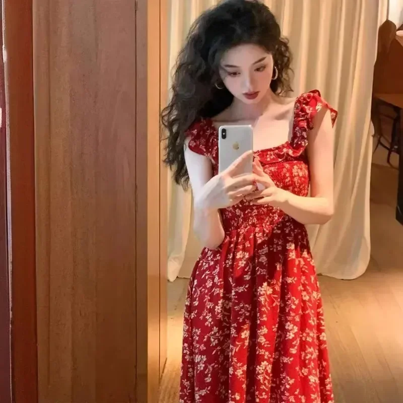 French Vintage Red Floral Slimming Long Dress New Summer Style Waist-fitted Pear-shaped Small Sleeve Square Collar Dress