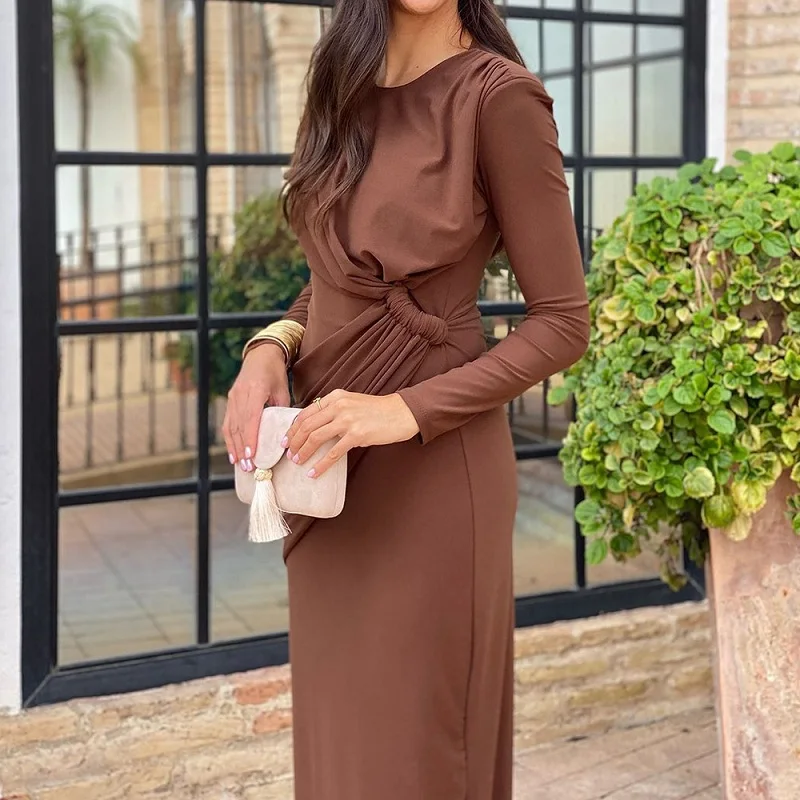 Women Elegant Crew Neck Commuter Long Dress 2025 Spring Solid Waist Draped Party Dress Autumn Long Sleeve Split Maxi Dress Mujer