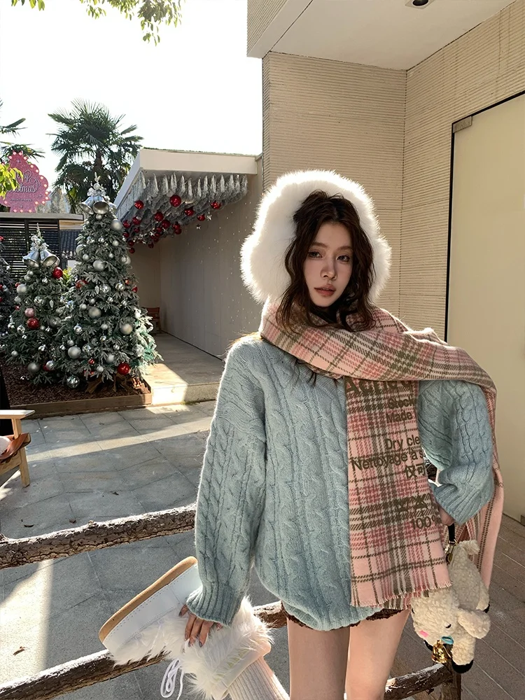 

Винтажный двухцветный свитер Cool Cookie из крученой пряжи с V-образным вырезом, прямой крой, для повседневной носки, зимний, с длинными рукавами, шерстяной.