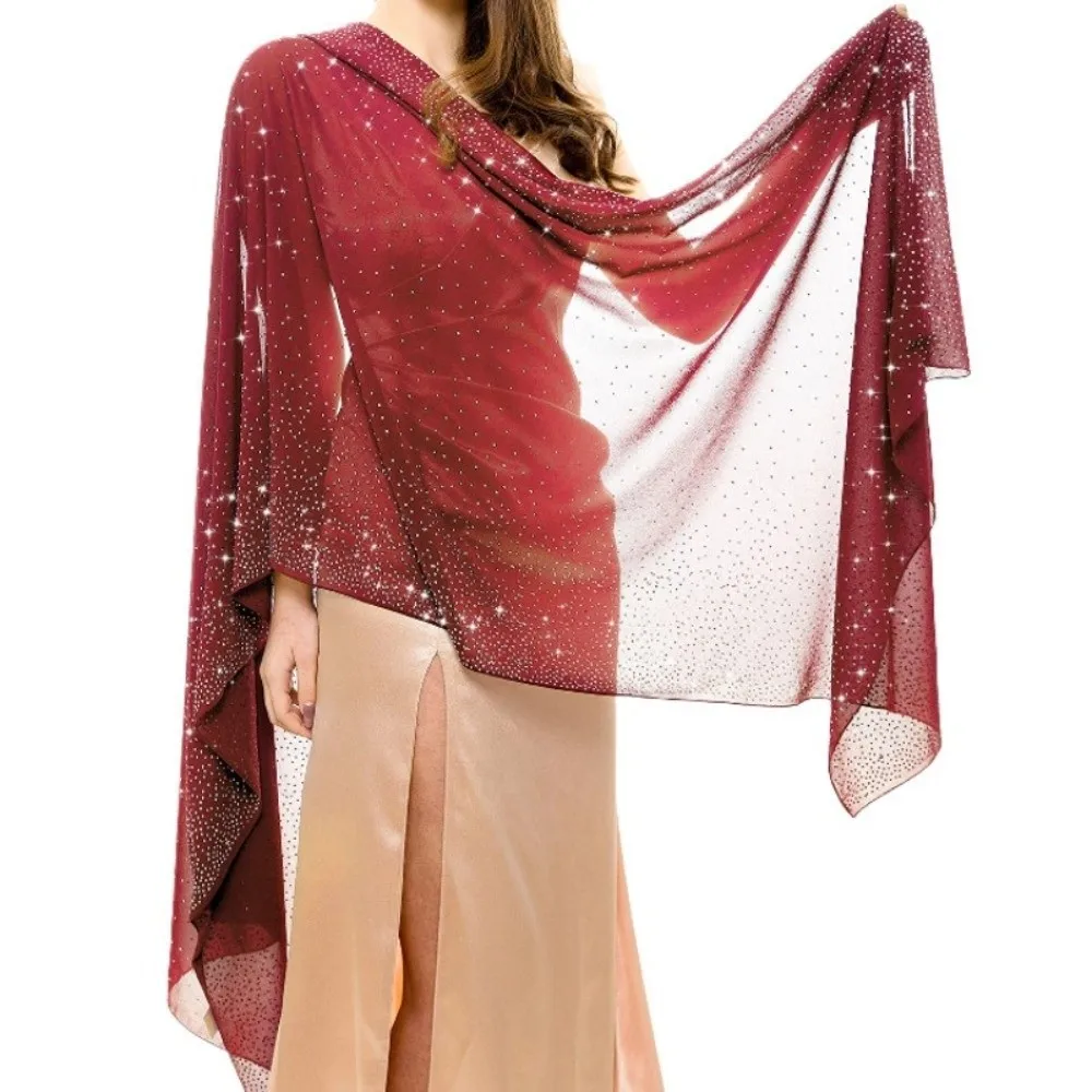 

Rhinestone Women Chiffon Shawl Soft Breathable Sparkling Sheer Wrap Solid Color Thin Party Scarf