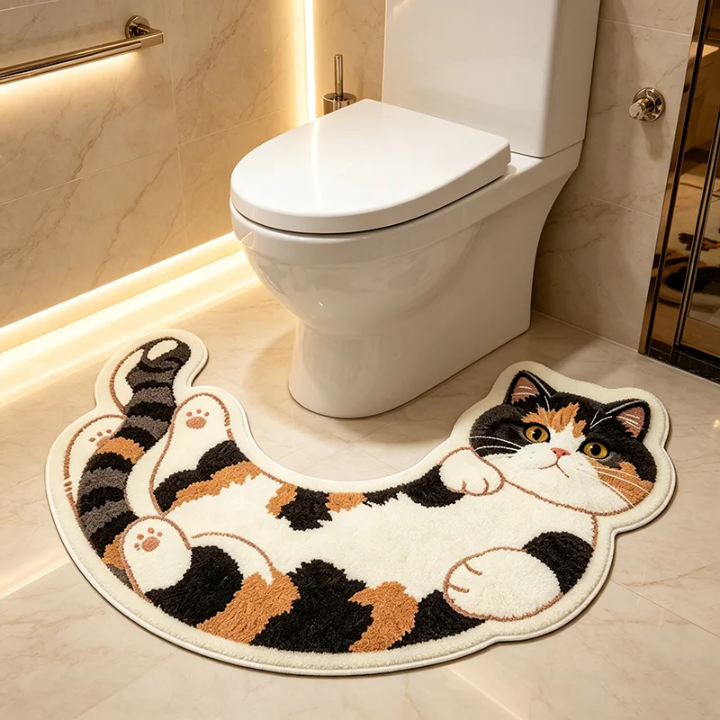 Creative Cute Cartoon Cat U‑Shaped Toilet Bath Mats Irregular Plush Bathroom Floor Mat Soft Washable Carpet Home Decoration