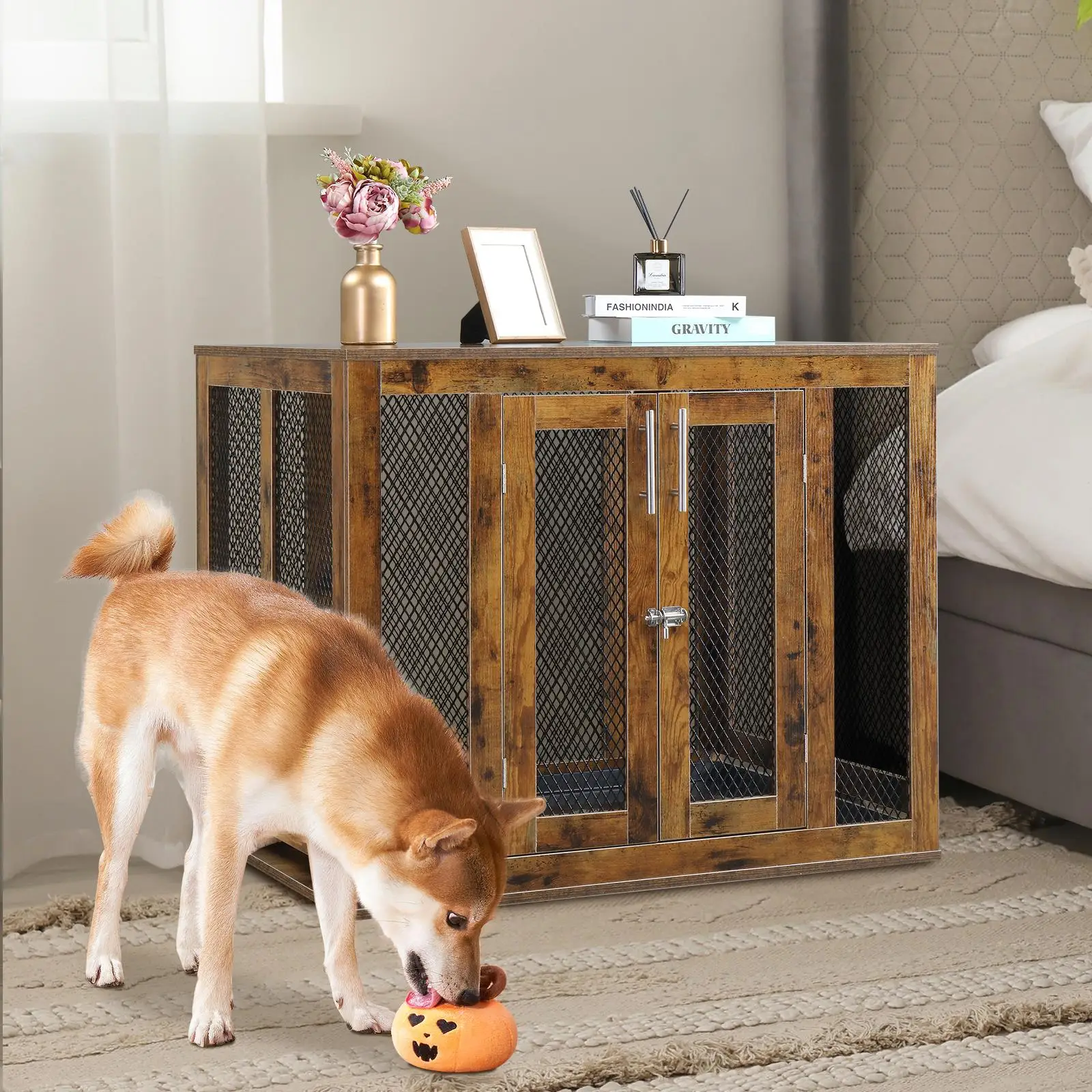 Modern Wooden Dog Crate with Tray for large Dogs - Stylish Indoor Puppy Kennel & Side Table, Rustic Brown