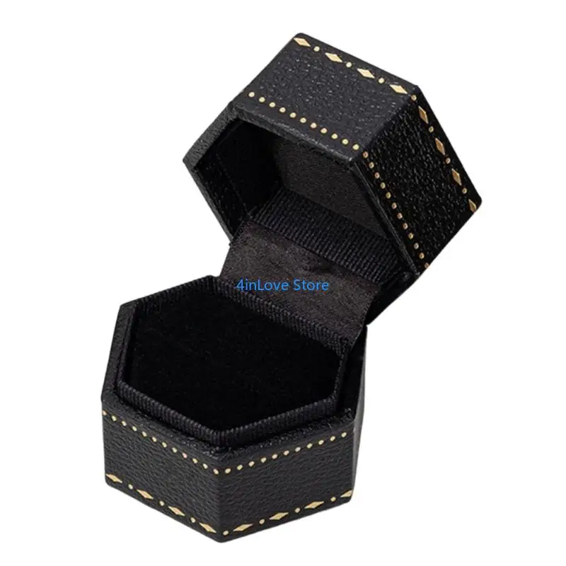 T4MD Ring Presentation Box with Contrasting Black Interior, Attached Hinged Lid, and Hexagonal for Storage and Display