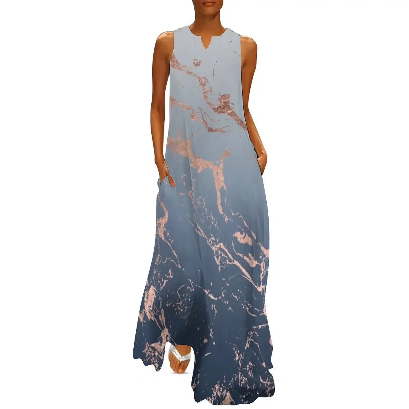 

Modern grey navy blue ombre rose gold marble pattern Long Dress dress women summer Dress