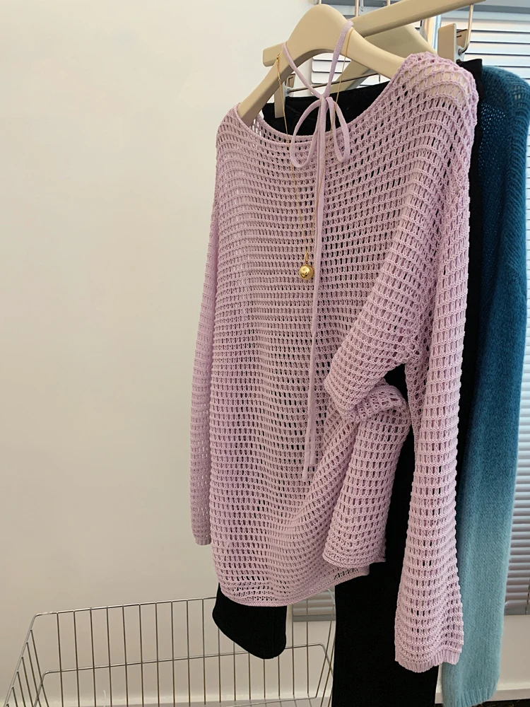 

Loose Knitted Purple Long Sve Hoodie Hollow out Design Comfortable Boredom Free Sle Women's Faion Spring Top