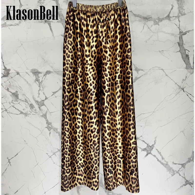 

8.7 KlasonBell Leopard Print Fashion Versatile Hot Girl Satin Trousers For Women Crystal Diamonds Elastic Waist Wide Leg Pants