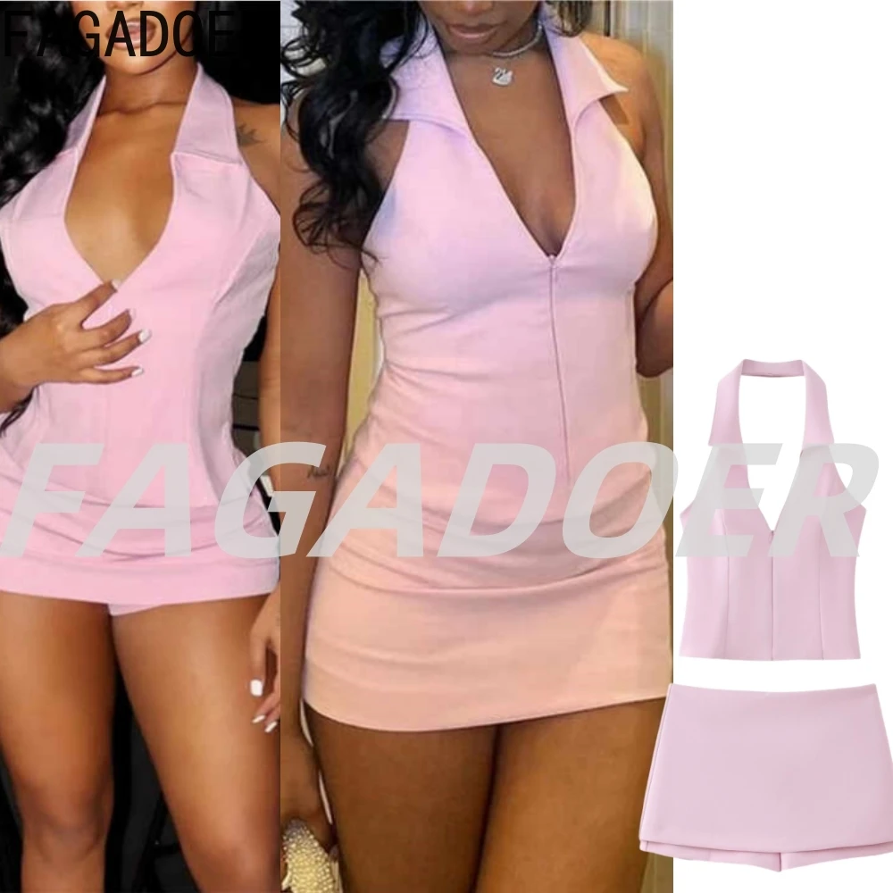 FAGADOER Pink High Quality Halter Mini Skirts Two Piece Sets Women Backless Slim Crop Top+Skirt Shorts Outfit Fashion Streetwear