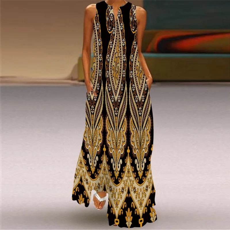 Vintage Print Maxi Kleid Für Frauen Sommer Lose Ärmellose Lange Kleider Elegante Dame V Neck Tasche Boho Strand Sommerkleid Vestidos