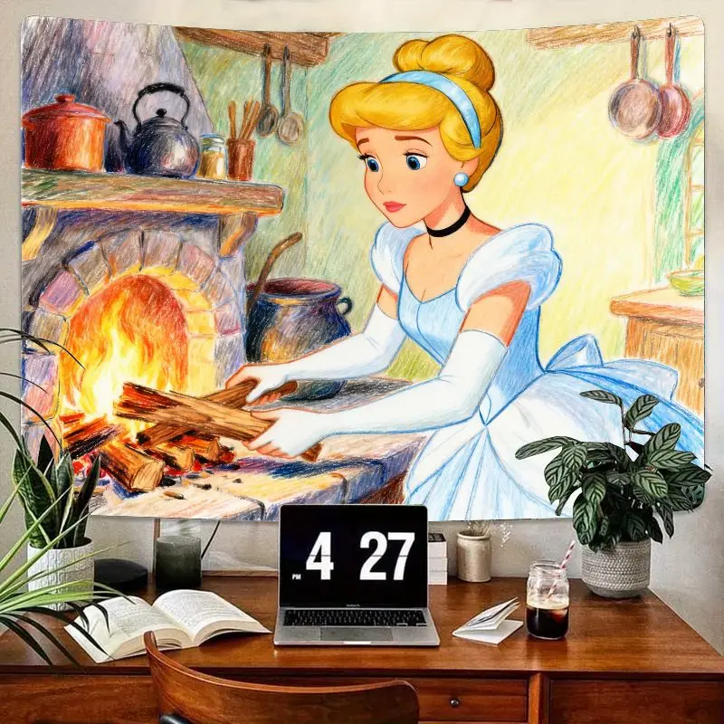

1 шт. гобелен принцессы Золушки Диснея, настенное искусство с изображением каминной сцены в деревенском стиле каваи, эстетический декор комнаты для девочек и фанатов принцесс.