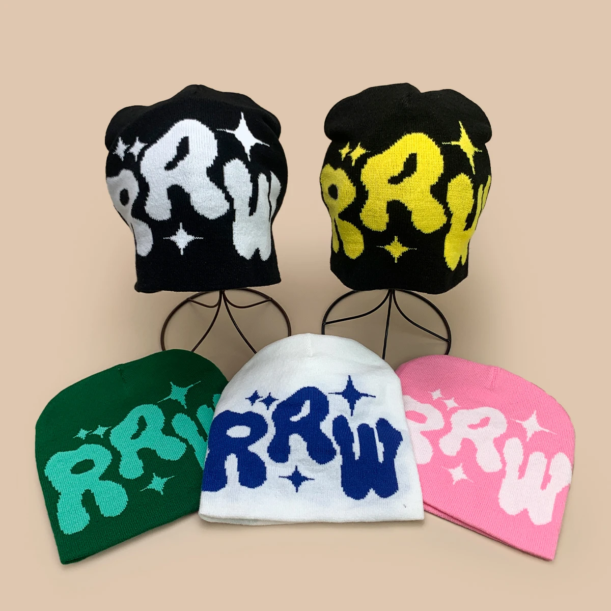 

Casual Hip Hop Jacquard RRW Letters Stars Knitted Hats New Men Women Warm Color Block Fashion Personal Versatile Street Beanies