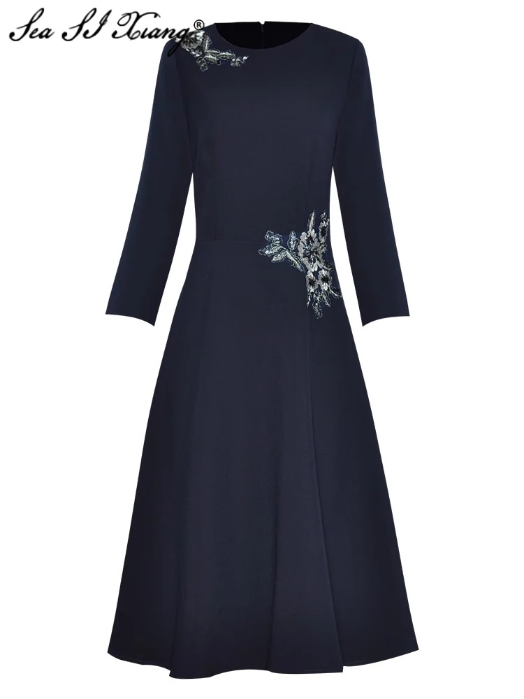 

Seasixiang Fashion Designer Early Autumn Dress Women O-Neck 3/4 Sleeve Sequins Embroidery Solid Color Vintage Dresses