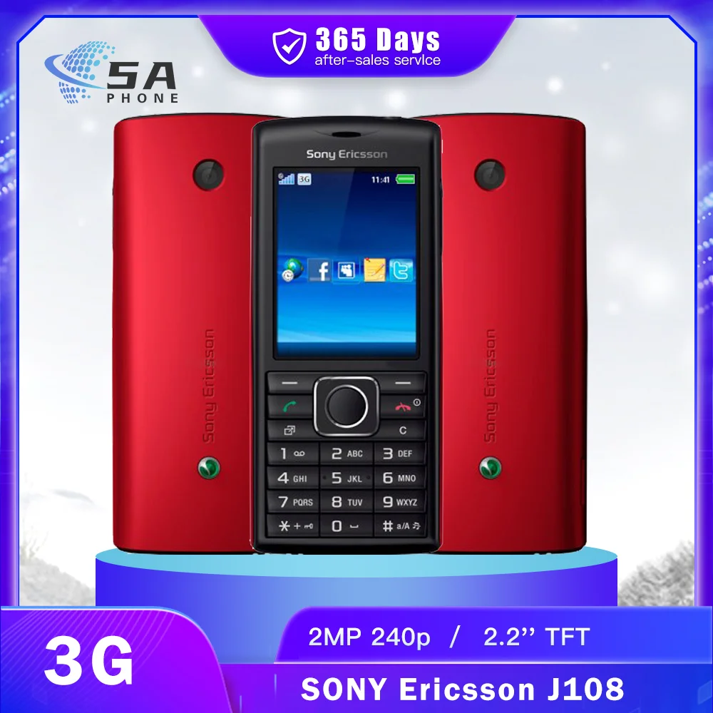 Original SONY Ericsson J108 J108i 3G Mobile Phone 2.2'' TFT 256K Colors Screen 2MP 320p@15fps Video Bluetooth FM Radio CellPhone