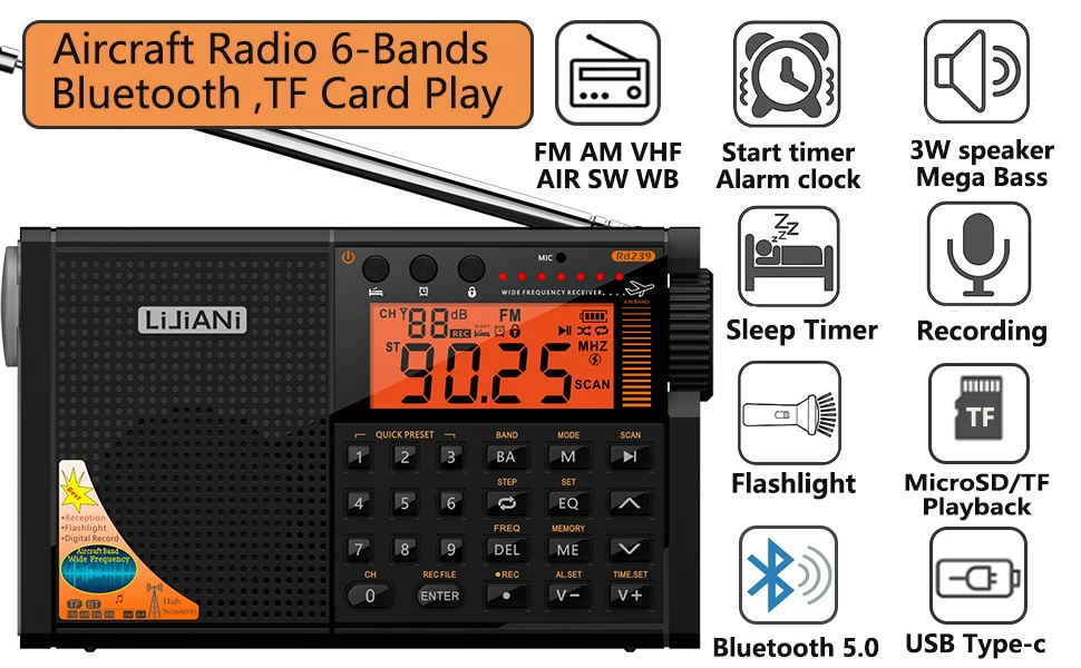 RD239 FM SW MW VHF AIR WB all World Band radio with Bluetooth/TF Card Player, Digital Record,Alarm Clock amateur shortwave radio