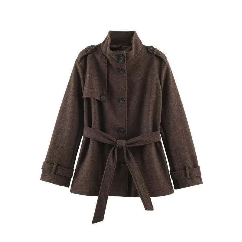 Women Stand Collar Belted Short Wool‑Blend Coat Button Down Long Sleeve Lapel Strap Waist‑Tied Outerwear Loose Warm Fall Winter