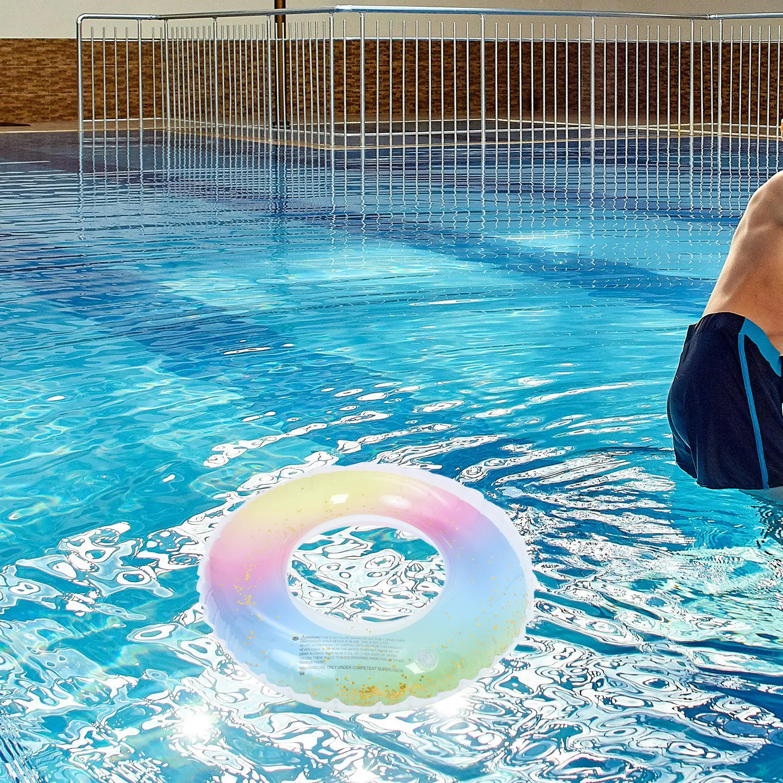 Thicken Sequins Translucent Gradient Rainbow Inflatable Swim Ring 60Cm Easy Inflate Deflate Pool Beach Lake Accessory