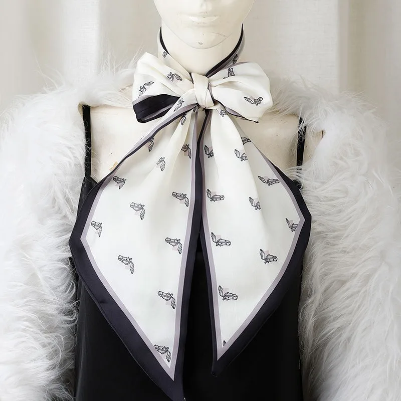 

150x14cm Retro Horse Head Print Streamer for Women New Satin Fashion Angle Scarf Thin Long Scarf Tied with Streamer