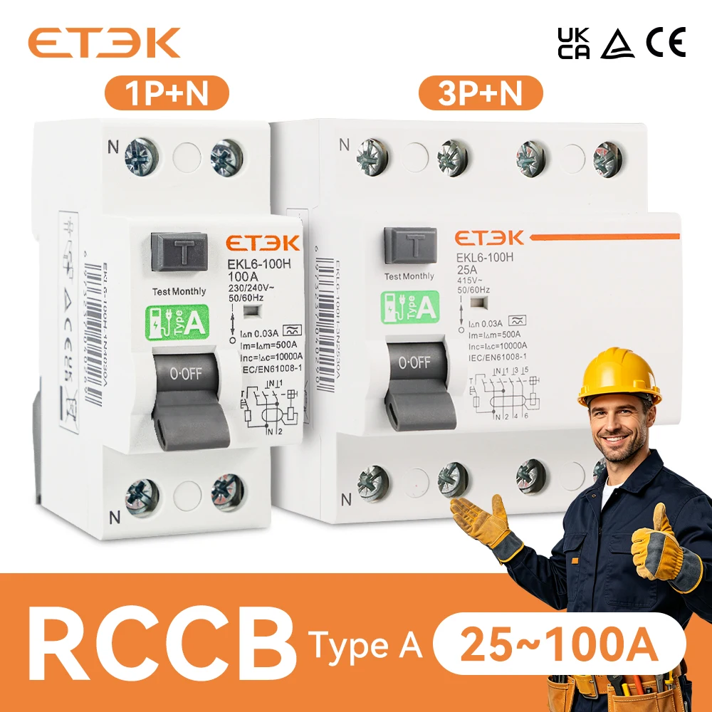 ETEK Residual Current Circuit Breaker A Type RCD 30mA 1P N Electromechanic RCCB Type A 25A 32A 40A 63A 80A 100A EKL6-100H