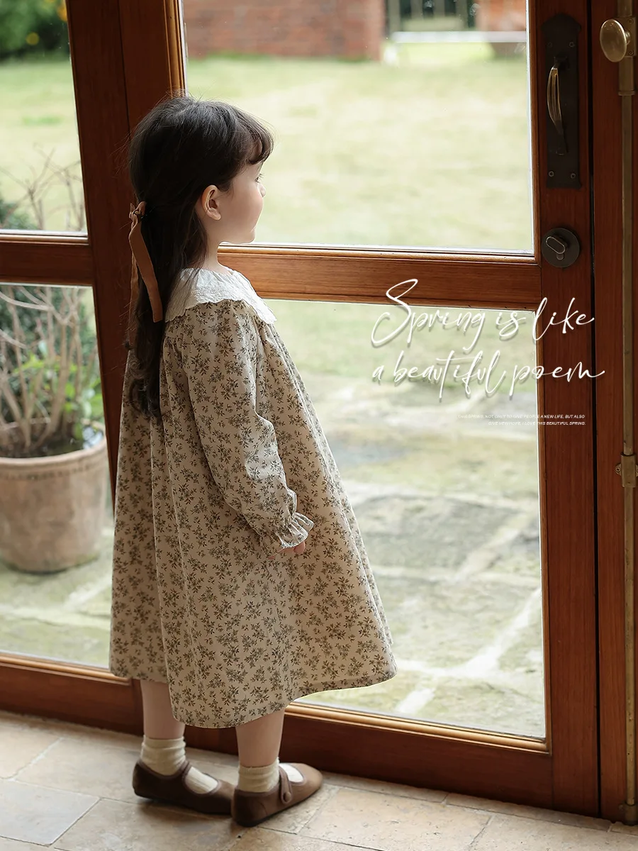 Children Girl Vintage Dress Spring Autumn Lace Turn Down Collar 2-8Y Princess Dress Fragment Flower Long Sleeve Baby Girls Dress