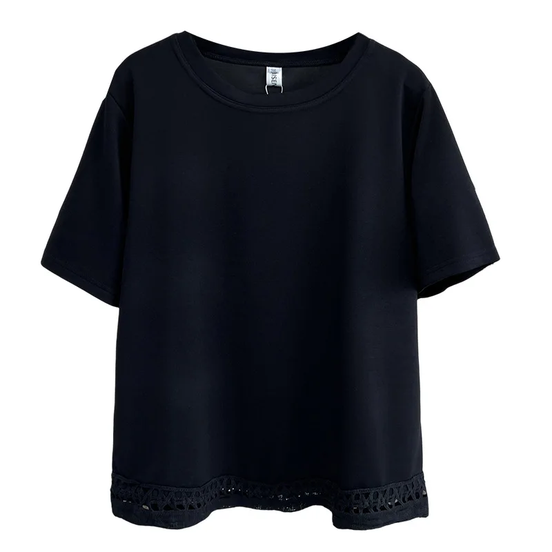 

Summer New Style Short Sleeve Plus Size Women's Top Casual T-shirt Fashion Design Lace Hollow Out Hem Tees