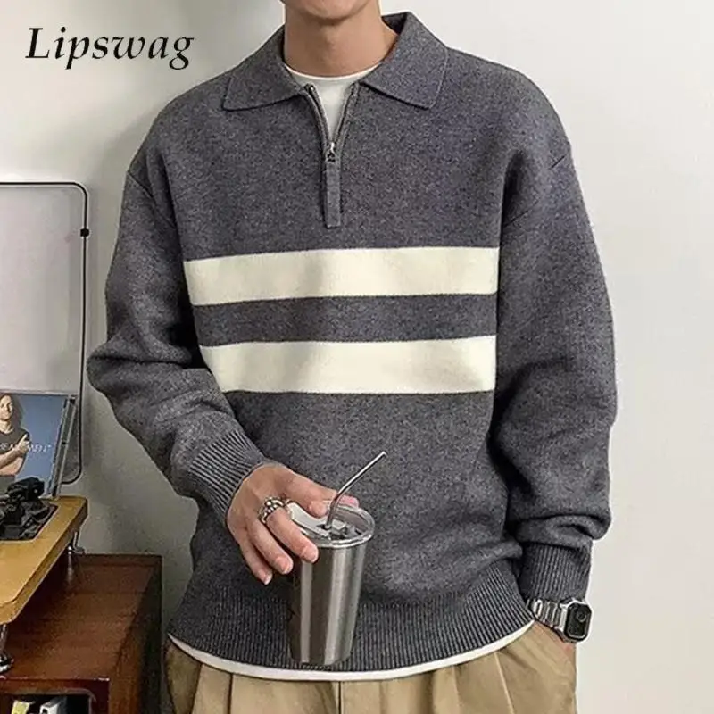 

Vintage Half-zip Lapel Polo Sweaters Mens Fall Winter Stylish Contrast Color Striped Knit Polo Shirts Casual Men Knitted Jumpers