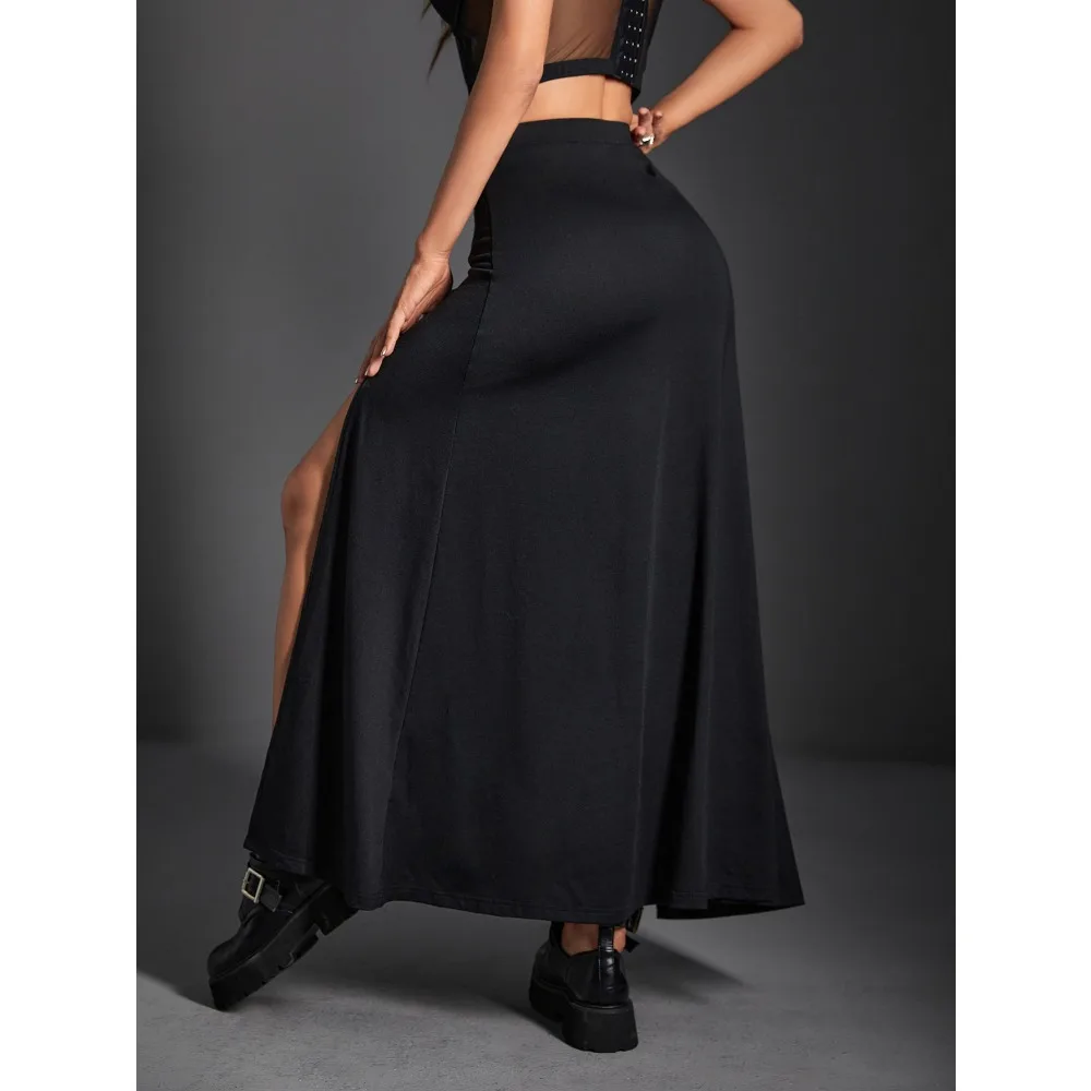 تنورة كلاسيكية داكنة قوطية للخريف/الشتاء للنساء - فتحة جانبية مثيرة مع لمسات معدنية، مثالية للحفلات ذات الطابع الشخصي