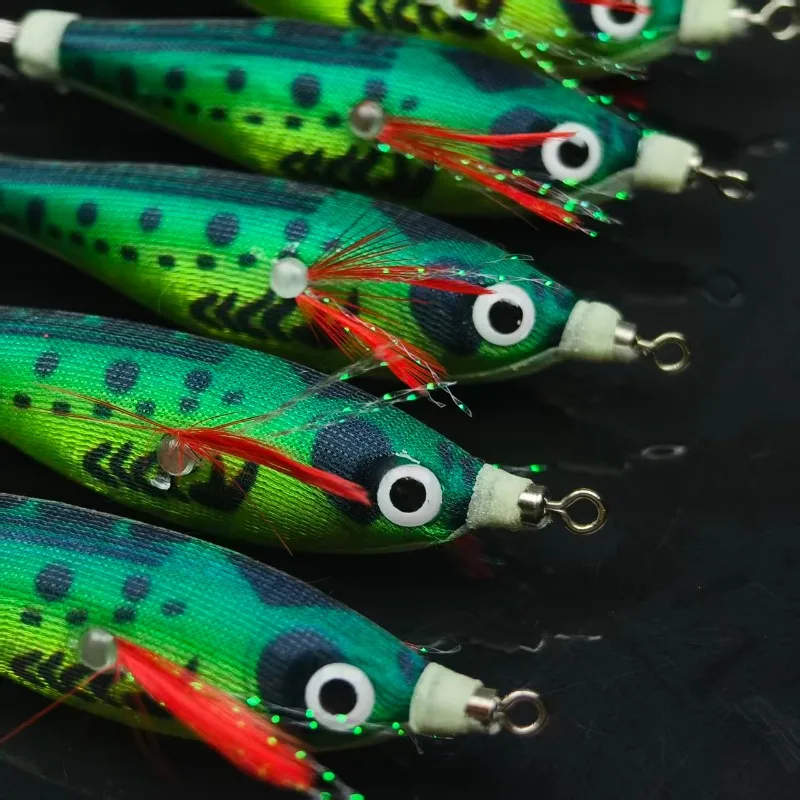 5 Stück Tintenfisch-Jig Egi-Köder mit UV-Leuchteffekt im Dunkeln, Hartköder mit scharfem Regenhäubchenhaken und rotem Lametta für Salzwasser-Tintenfisch, Sepia und Meeresfische – Detail 5