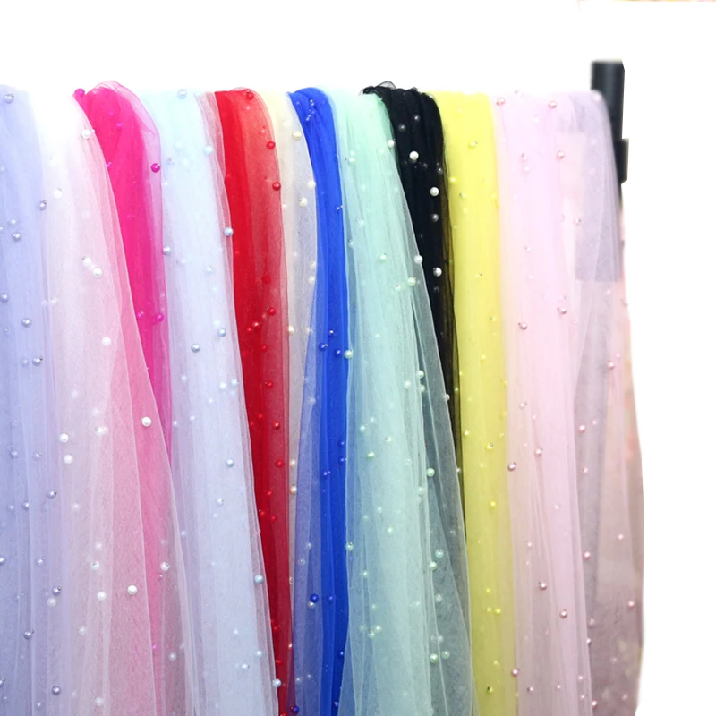 White Pearl Rainbow Soft Tulle Mesh Fabric Beading Lace DIY Sewing For Party Wedding Dress Curtain Background Decoration P169