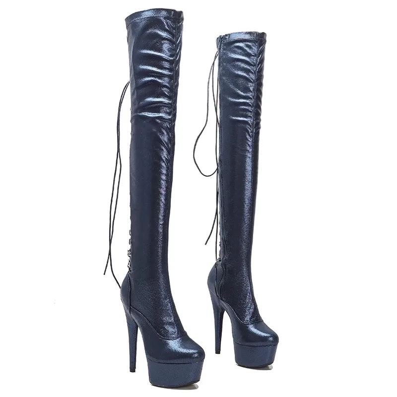 

Women 15CM/6inches PU Upper Plating Platform Sexy High Heels Thigh High Boots Pole Dance Shoes 15-071