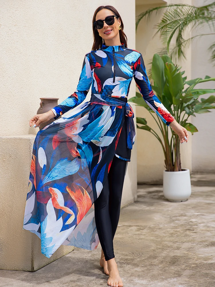 4PCS Floral Muslim Swimsuit Swimwear Modest Burkini Femmes Summer Beach Women's Swimm Suit, Hijab Top Pant Shawl