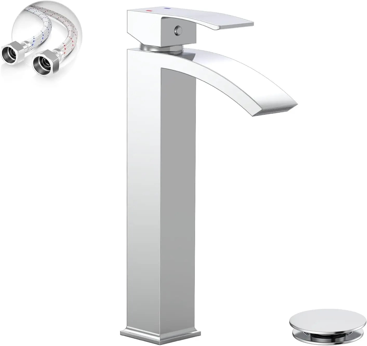 

Waterfall Bathroom Faucet with Tall Spout, Single Handle Design, Includes Pop-Up Drain and Supply Line