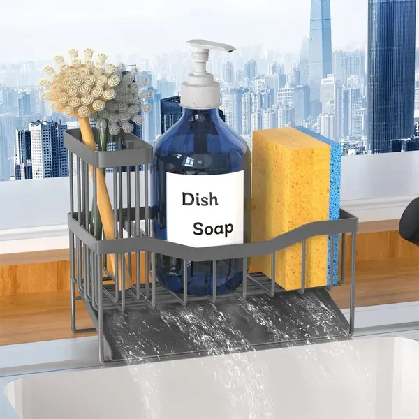 

Sink Caddy Sponge Holder for Kitchen with Brush Holder and Stainless Steel Self Drain Tray, Rustproof