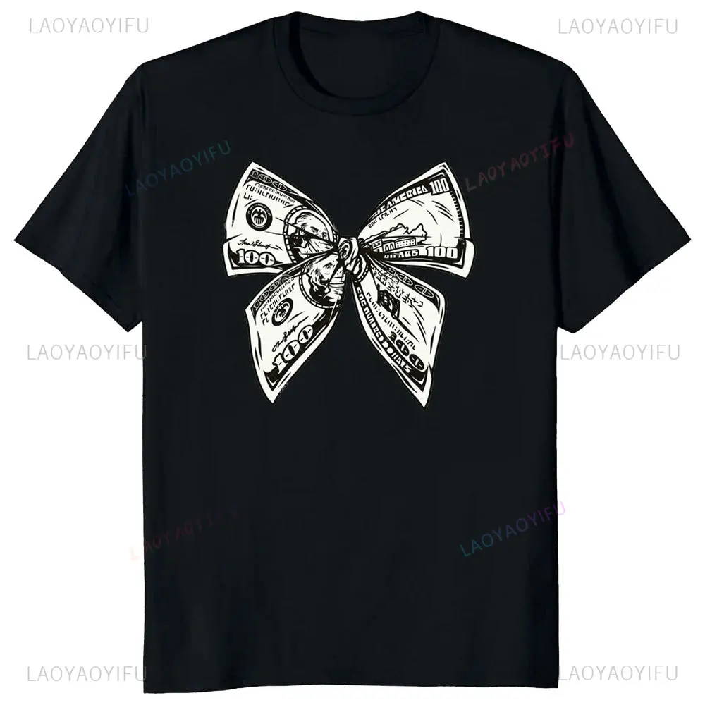 Funny Dollar Bill Concept Bow Tie T-shirt Men's Printed Aesthetic Design Tshirt Summer Casual Loose Round Neck Cotton Shirt Tops