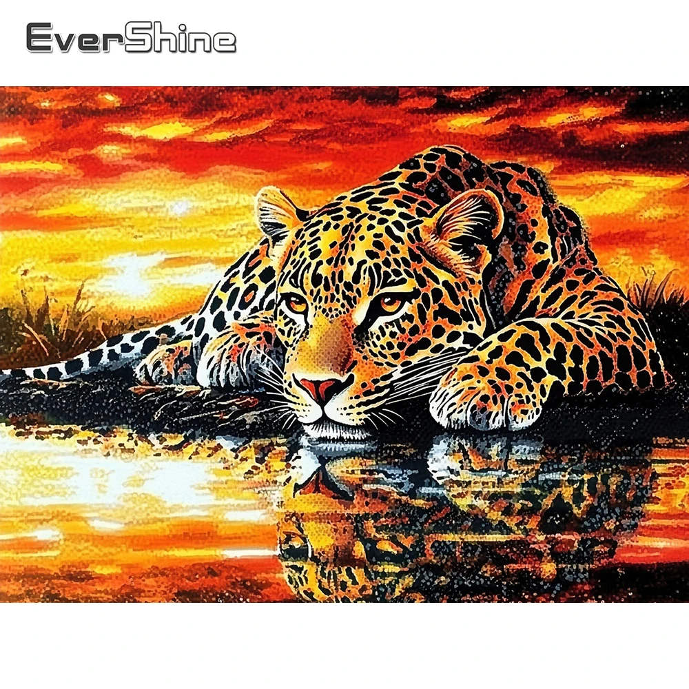EverShine Diamant-Gemälde mit Tiermotiv, Strass-Stickerei, Leopard, vollständige quadratische Stickerei, Sonnenuntergang, Heimdekoration