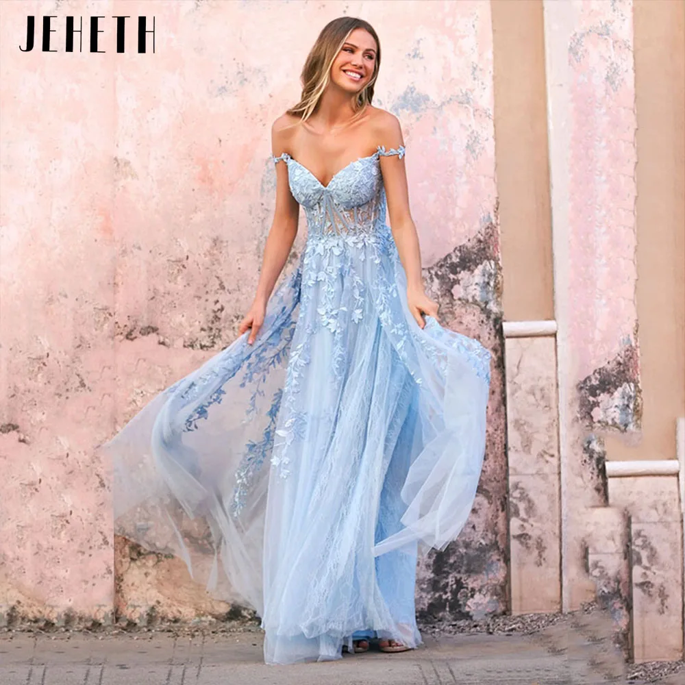 JEHETH vestido de fiesta de tul con escote en forma de corazón, traje elegante con hombros descubiertos, Apliques de encaje de hadas, línea A, largo hasta el suelo, color azul cielo