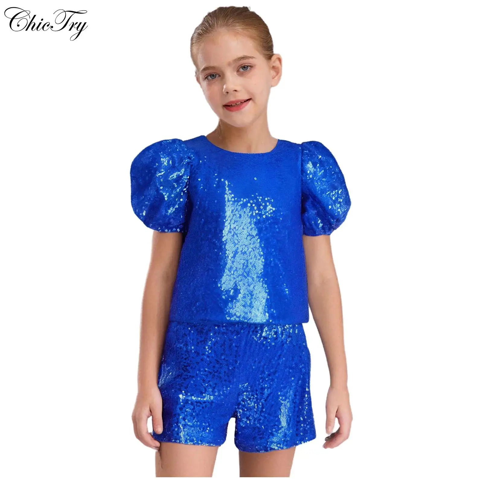 Kids Girls Latin Jazz Dance Sets Short Puff Sleeves Shiny Sequins Top with Shorts for Cheerleading Stage Performance Competition