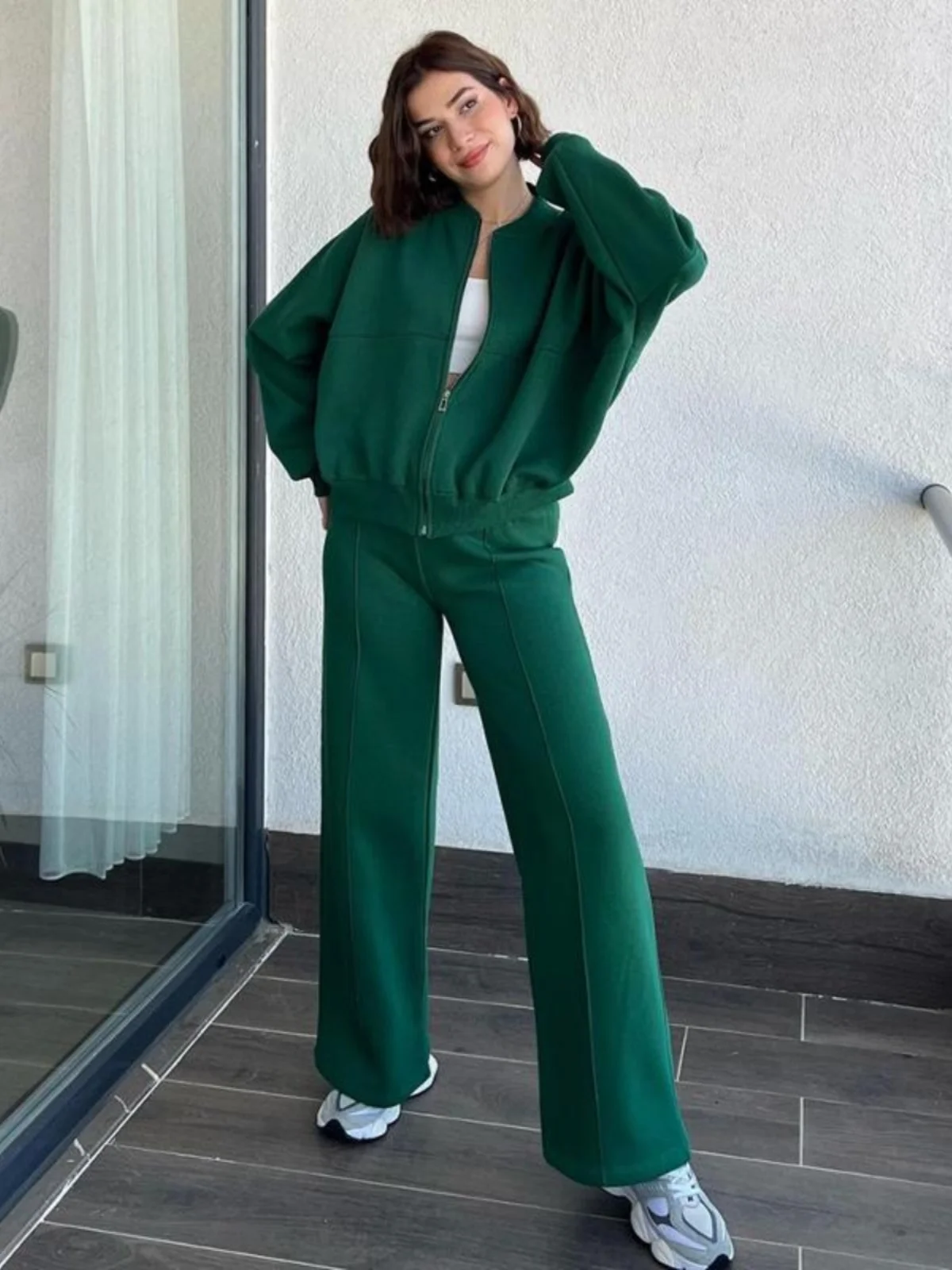 

Autumn Winter Zipper Hoodie Casual Straight Leg Pants Set Women's Two-Piece Long Sve Zip-Up Comfortable Sportswear