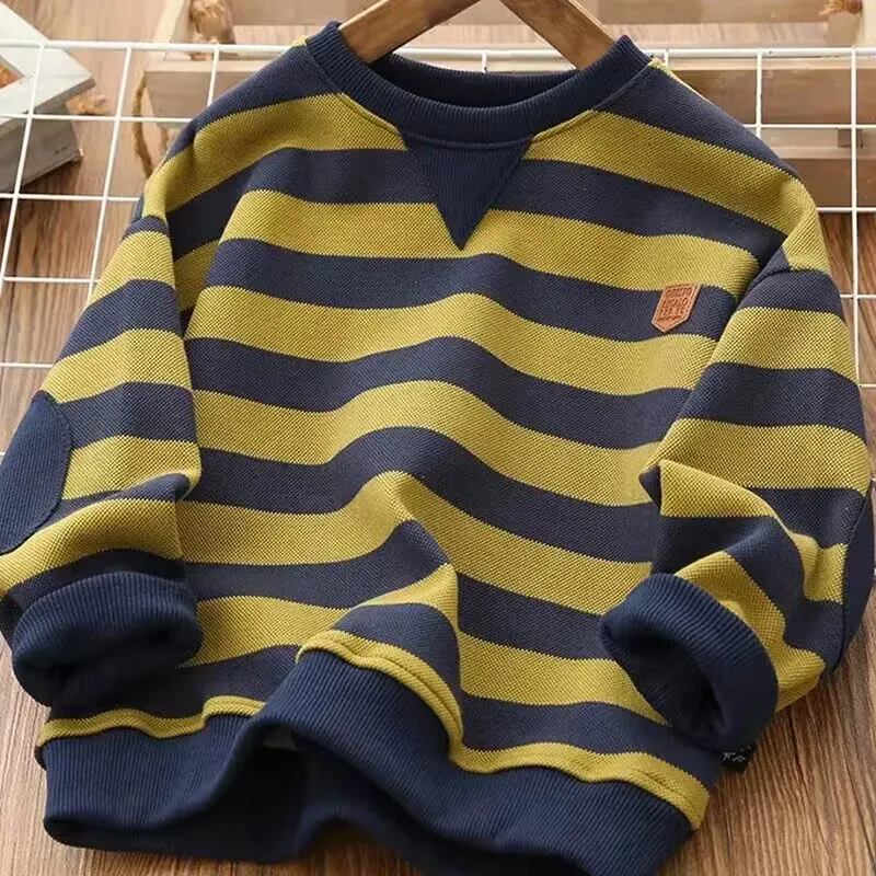 Teenage Boys\' Sweater 2024 Spring and Autumn Children\'s Casual Top New Big Boy Stripe Loose T-shirt Sweater