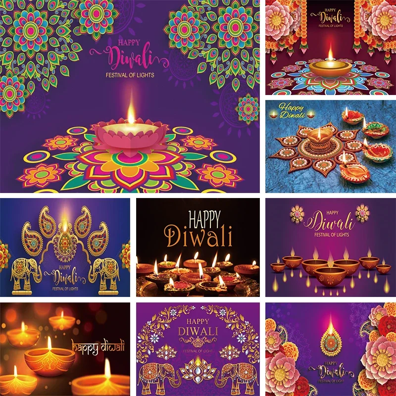 Indian Diwali Festival Photography Backdrop Candle Fireworks Mural Photo Background Light Oil Lamp Decorations Wall Props