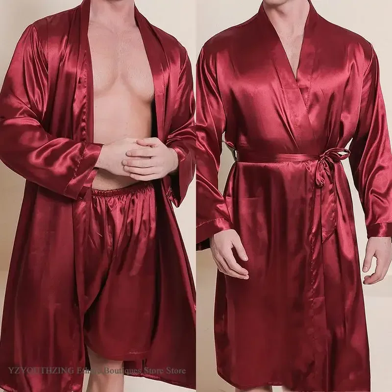 Silky Burgundy Satin Bathrobe Robe Shorts Set Kimono Gown Loose Casual Home Clothes Spring Autumn Male 2Pcs Loungewear Sleepwear
