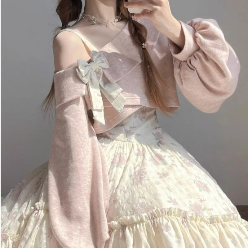 Sweet Lolita Style 2 Piece Dress Set Women Pink Bow Knitted Coat Kawaii Floral Mini  Female Korean Fashion Beach Party Suit